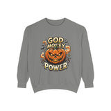 God Money Power- Pumpkin Sweatshirt — Halloween Jack-O'-Lantern Graphic Crewneck