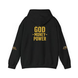 God • Money • Power Hoodie — White Pullover with Gold GMP Logo