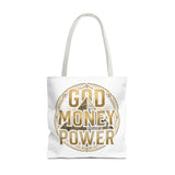 God Money Power Tote Bag — Bold Pyramid Graphic Religious Statement Tote