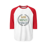 Raglan Shirt - God Money Power Vintage Laurel Baseball Tee