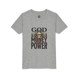 Youth Tee — 'God Money Power' Skull Graphic Shirt
