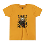 Youth Tee — 'God Money Power' Skull Graphic Shirt