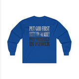 Long Sleeve Tee — "Put God First, Hustle for the Money, Put Yourself in Power" Inspirational Faith & Hustle Top