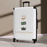 Suitcase – God • Money • Power Graphic Carry-On | Religious Inspirational Travel Luggage