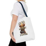 God Money Power Crown Tote Bag — Religious Inspirational Statement Tote