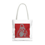 Saint Icon Red Graphic Tote Bag — 'Good Money Power' Illustration