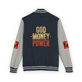 Letterman Jacket — "God Money Power" Red & White Varsity Jacket