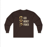 GMP Long Sleeve Tee — God Money Power Gold Graphic