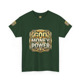 Graphic Tee — "God Money Power" Gold Crest T-Shirt
