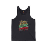 God Money Power Graphic Tank Top — Faith & Hustle Comic-Style Design