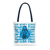 God Money Power Graphic Tote Bag — Blue Urban Goddess All-Over Print Tote