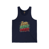 God Money Power Graphic Tank Top — Faith & Hustle Comic-Style Design