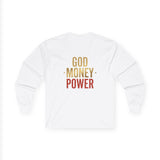 Long Sleeve Tee — 'God, Money, Power' Retro Palm Graphic