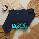 Crewneck Sweatshirt — GOD MONEY POWER Graphic Crewneck (Neon Cyan on White)