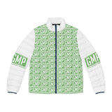 GMP Logo Puffer Jacket — All-Over Print Green Block Pattern