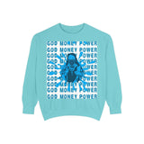 Graphic Sweatshirt - "God Money Power" Blue Retro Streetwear Crewneck