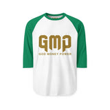 GMP "God Money Power" Raglan Shirt – Gold Logo 3/4 Sleeve Baseball Tee