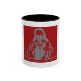 Coffee Mug — Red 'God Money Power' Saint Illustration Accent Mug (11/15 oz)