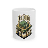 God Power Mug — Coffee Cup with Cash Stack Religious Humor Design