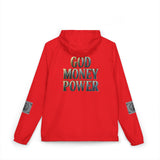 Windbreaker Jacket — "GOD MONEY POWER" Camo Zip-Up Hooded Jacket