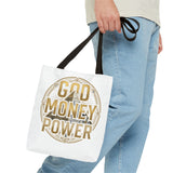 God Money Power Tote Bag — Bold Pyramid Graphic Religious Statement Tote