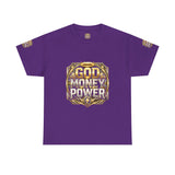 Graphic Tee — "God Money Power" Gold Crest T-Shirt