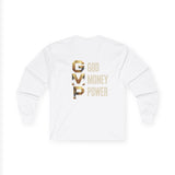 GMP Long Sleeve Tee — God Money Power Gold Graphic