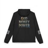 Windbreaker Jacket — "GOD MONEY POWER" Camo Zip-Up Hooded Jacket