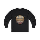 God Money Power Long Sleeve Tee — Vintage Crest Graphic