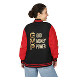 God Money Power Letterman Jacket — Red Varsity Bomber with GMP Gold Logo