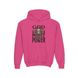 Youth Hoodie "God Money Power" Skull Graphic