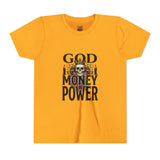 Youth Tee — 'God Money Power' Skull Graphic Shirt