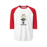 Raglan Shirt — "God Money Power" Crown Graphic Baseball Tee