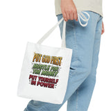 Inspirational Gospel Tote Bag — "Put God First, Hustle for the Money, Put Yourself in Power"