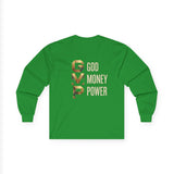 GMP Long Sleeve Tee — God Money Power Gold Graphic