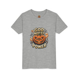 Youth Tee — "God Money Power" Halloween Pumpkin Graphic
