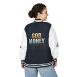 Letterman Jacket - "GOD MONEY POWER" Graphic Varsity Jacket with Chest Logo