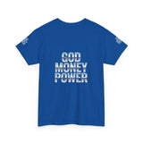 God Money Power Graphic Tee — Blue Anime Design