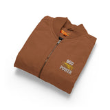 God Money Power- Embroidered Duck Cloth Work Vest — Durable Zip-Up Utility Vest with Chest Logo