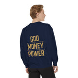 Sweatshirt — 'God Money Power' Crown & Fist Graphic Crewneck