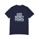 God Money Power T-Shirt — Retro Neon Graphic Tee (Front Illustration, Back Text)