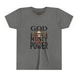 Youth Tee — 'God Money Power' Skull Graphic Shirt