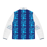 Men's Puffer Jacket – Blue Graphic AOP 'Good Money, Good Power' Streetwear