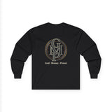 Long Sleeve Tee — Gold Monogram GMP Logo “God, Money, Power”