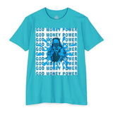 God Money Power Graphic T-Shirt — Blue Anime-Inspired Streetwear