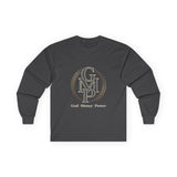 Long Sleeve Tee — Gold Monogram GMP Logo “God, Money, Power”