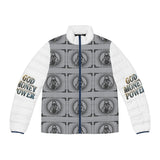 Puffer Jacket — 'God Money Power' Retro Icon All-Over Print