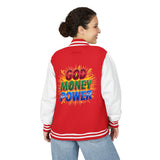 Letterman Jacket — "God Money Power" Retro Graphic Varsity Jacket