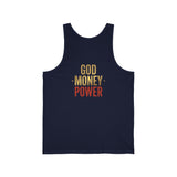 God Money Power Tank — Retro Jesus Palm Tree Graphic Sleeveless Top
