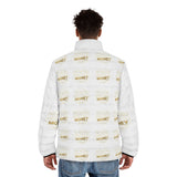 Money Print Puffer Jacket — White Quilted Men’s Winter Coat with Gold Text